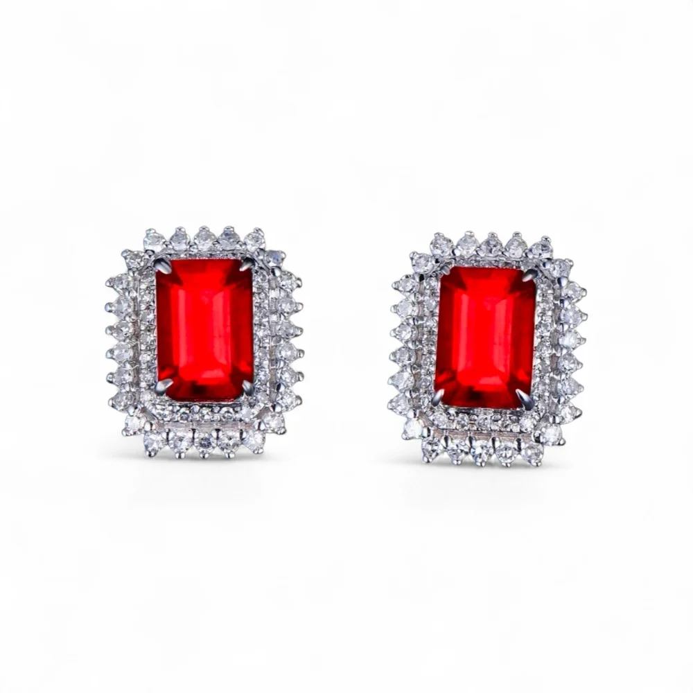 Silver Tone Red Ruby CZ Earrings